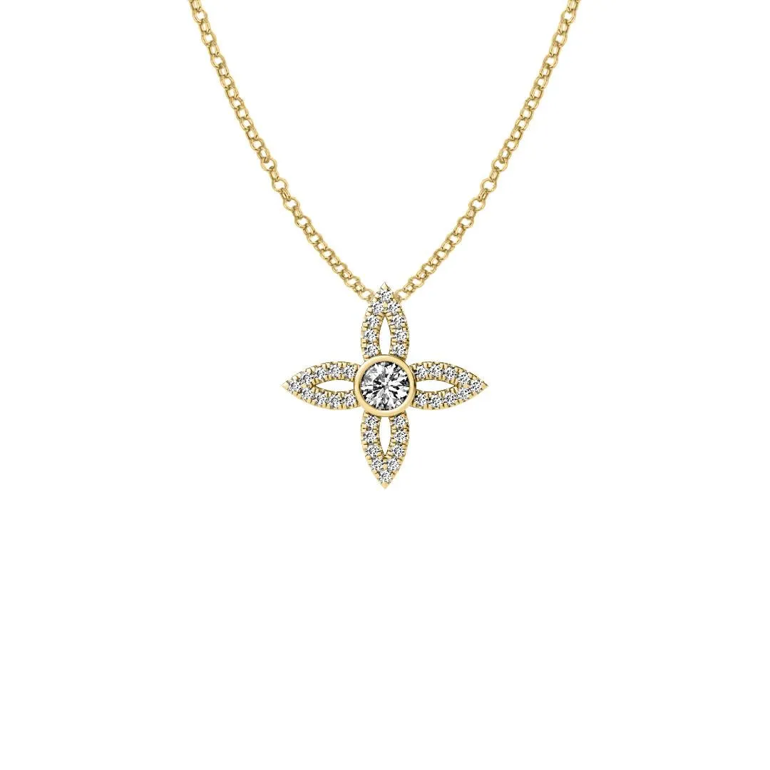 14k Yellow Gold 0.50ct Diamond Cluster Flower Necklace