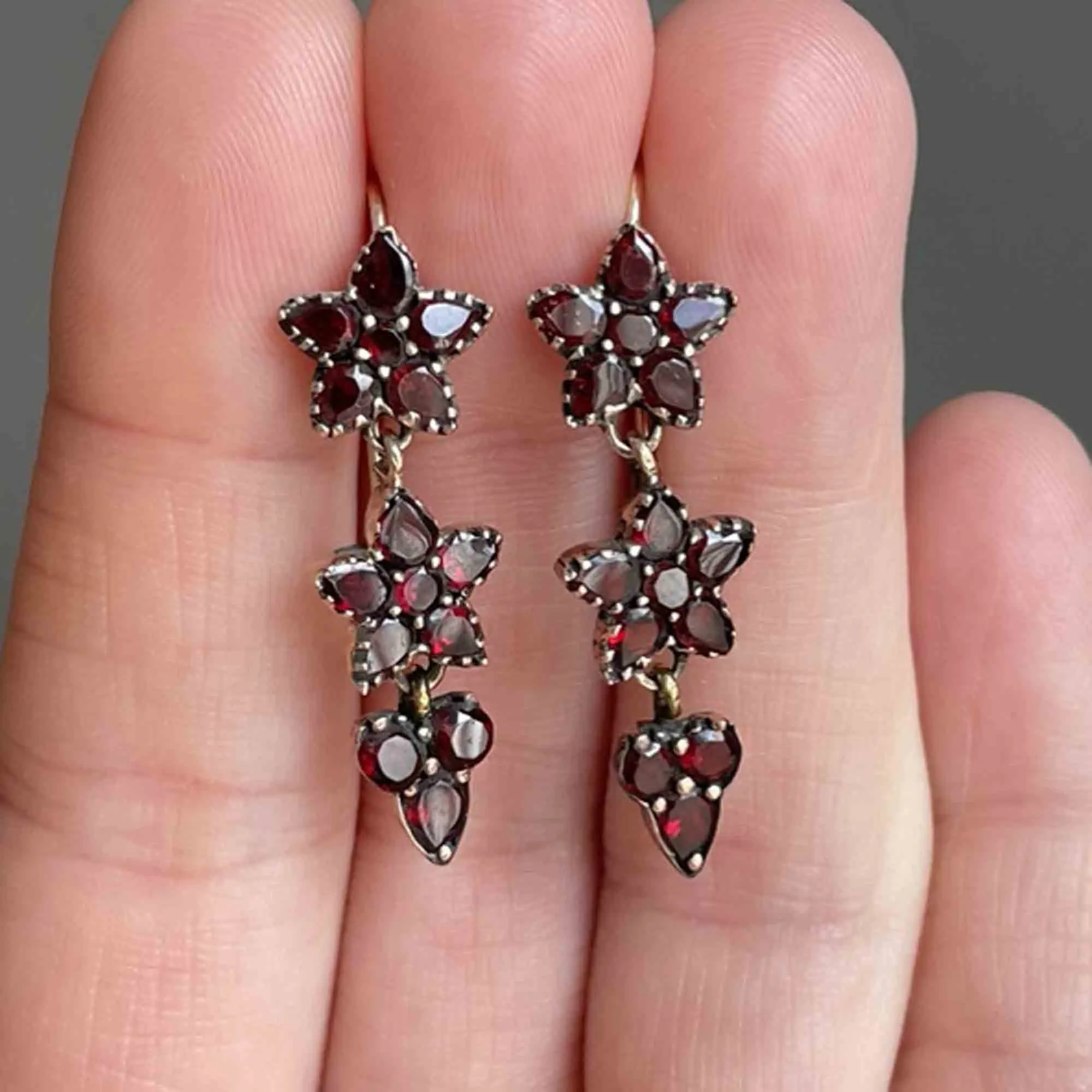 Antique Rolled Gold Garnet Star Earrings