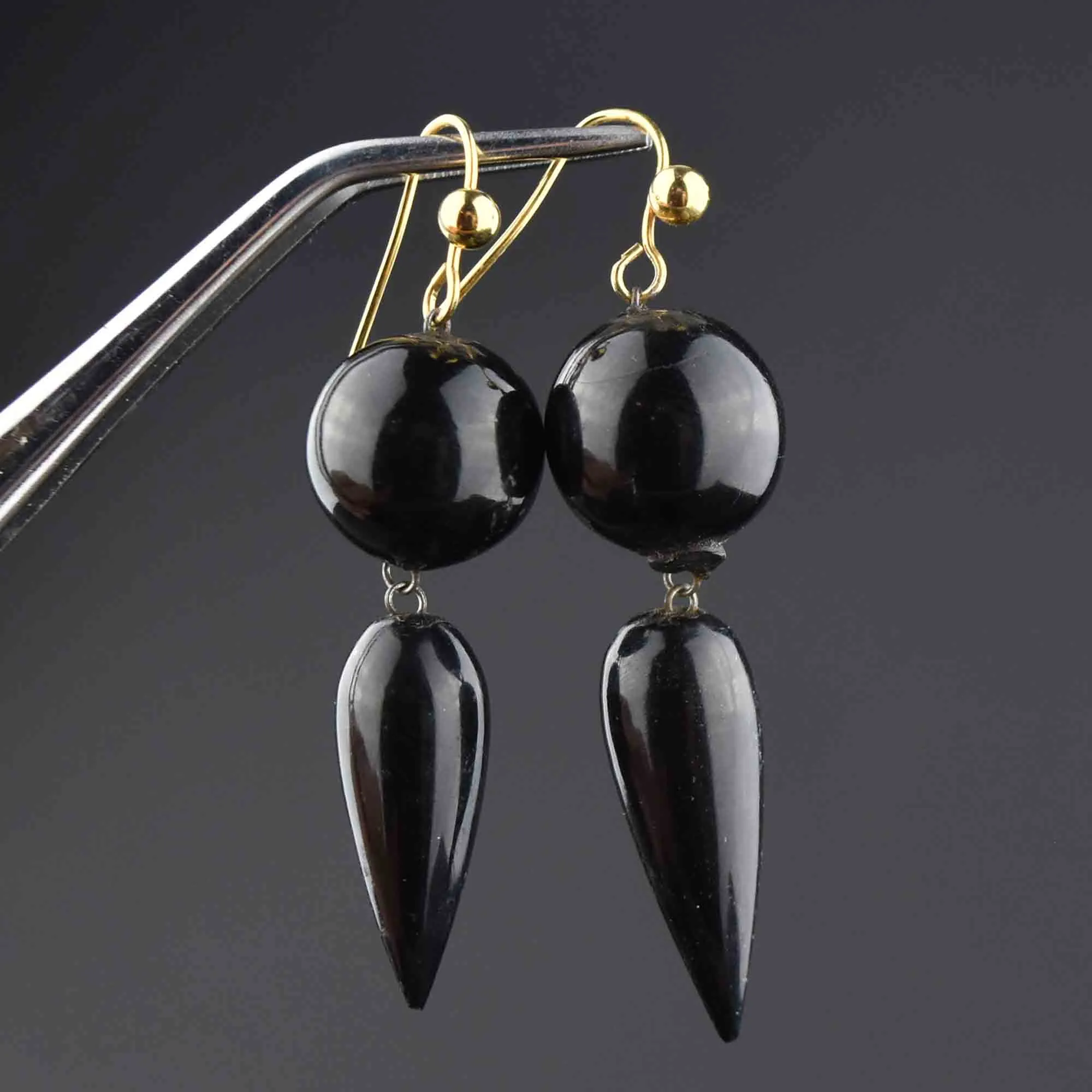 Antique Victorian Carved Whitby Jet Dangle Earrings