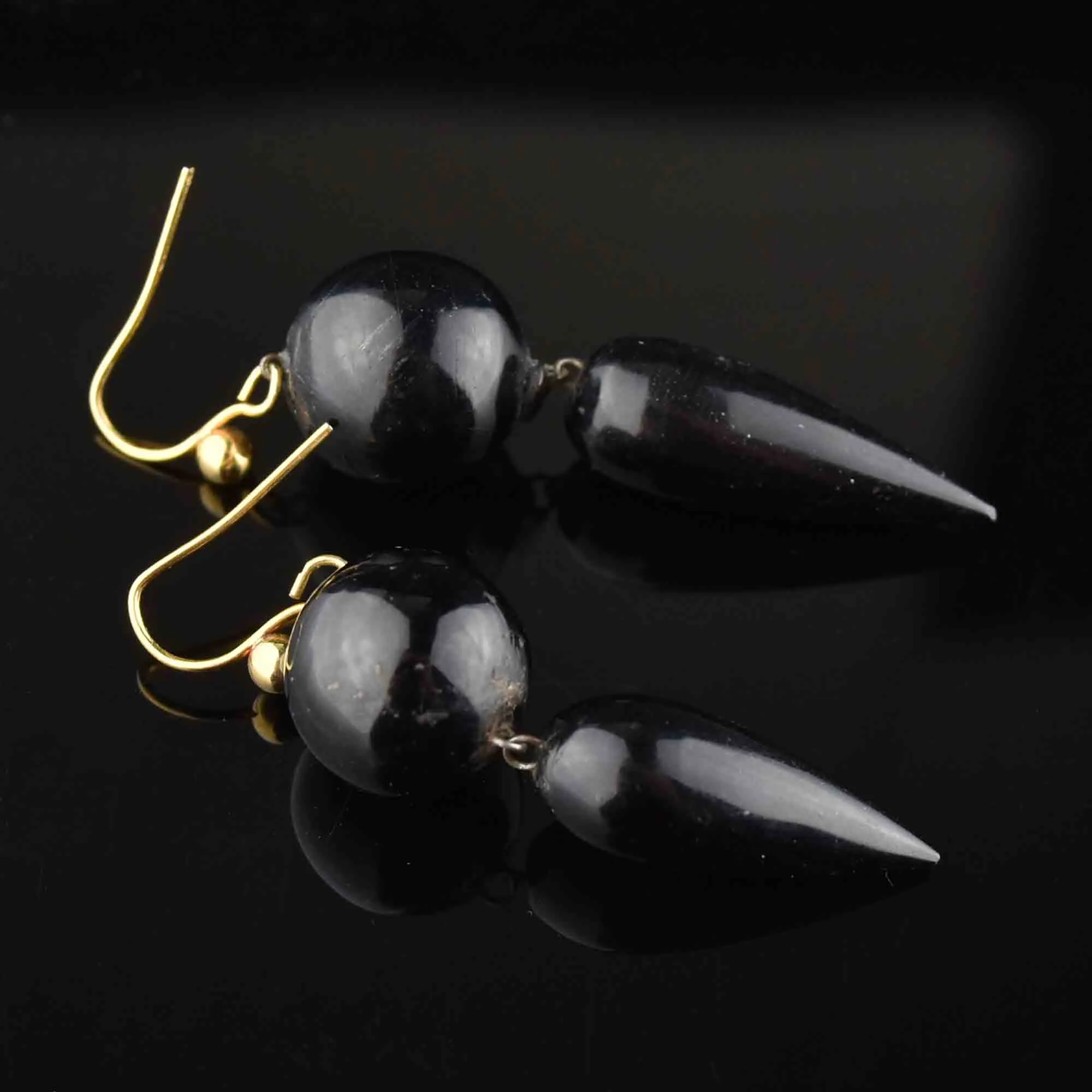 Antique Victorian Carved Whitby Jet Dangle Earrings