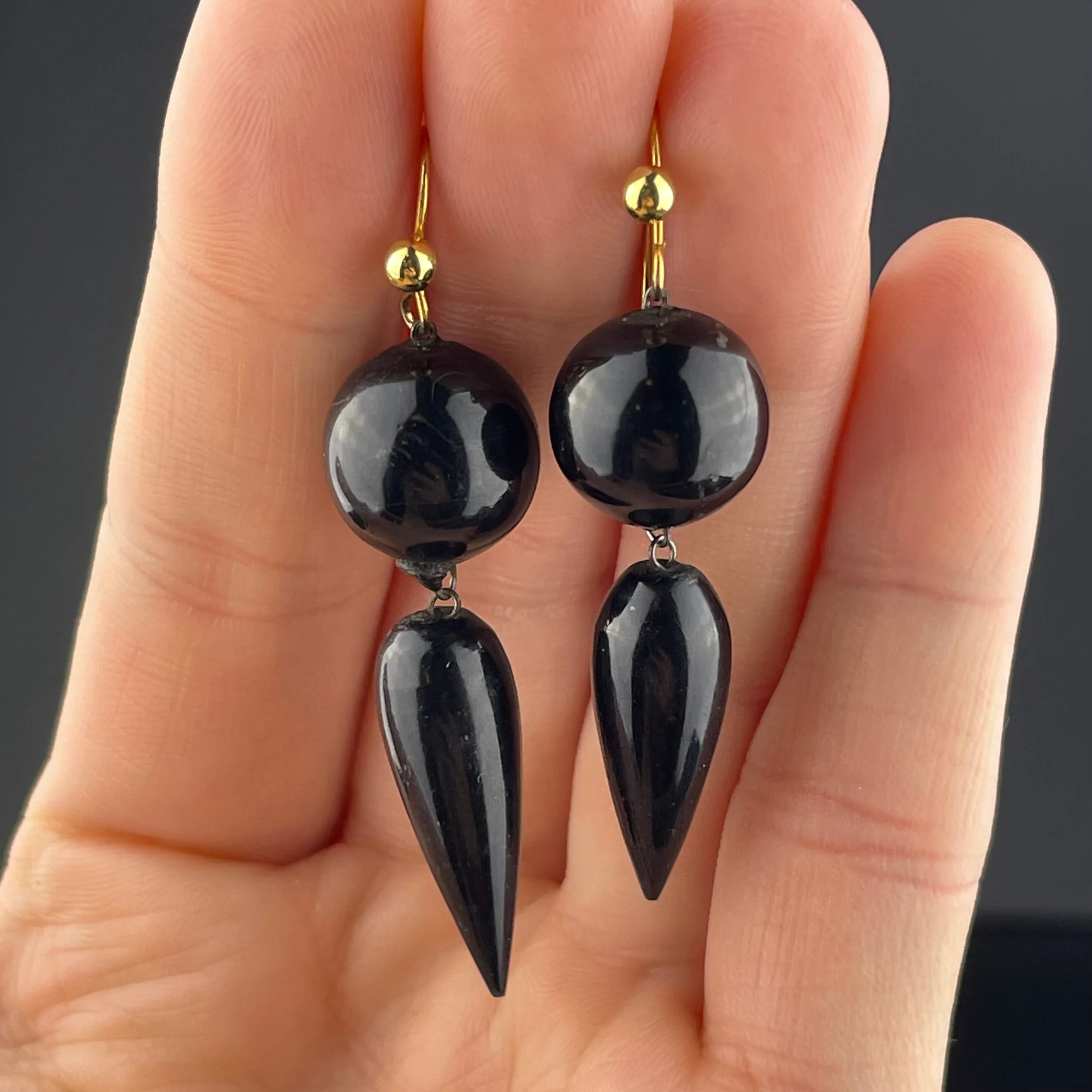 Antique Victorian Carved Whitby Jet Dangle Earrings