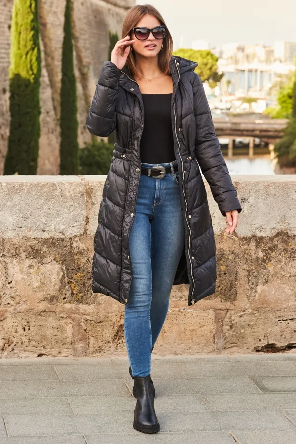 Black Longline Padded Coat With Hood