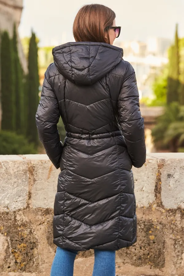 Black Longline Padded Coat With Hood