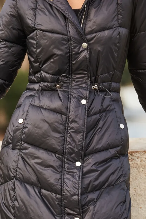 Black Longline Padded Coat With Hood