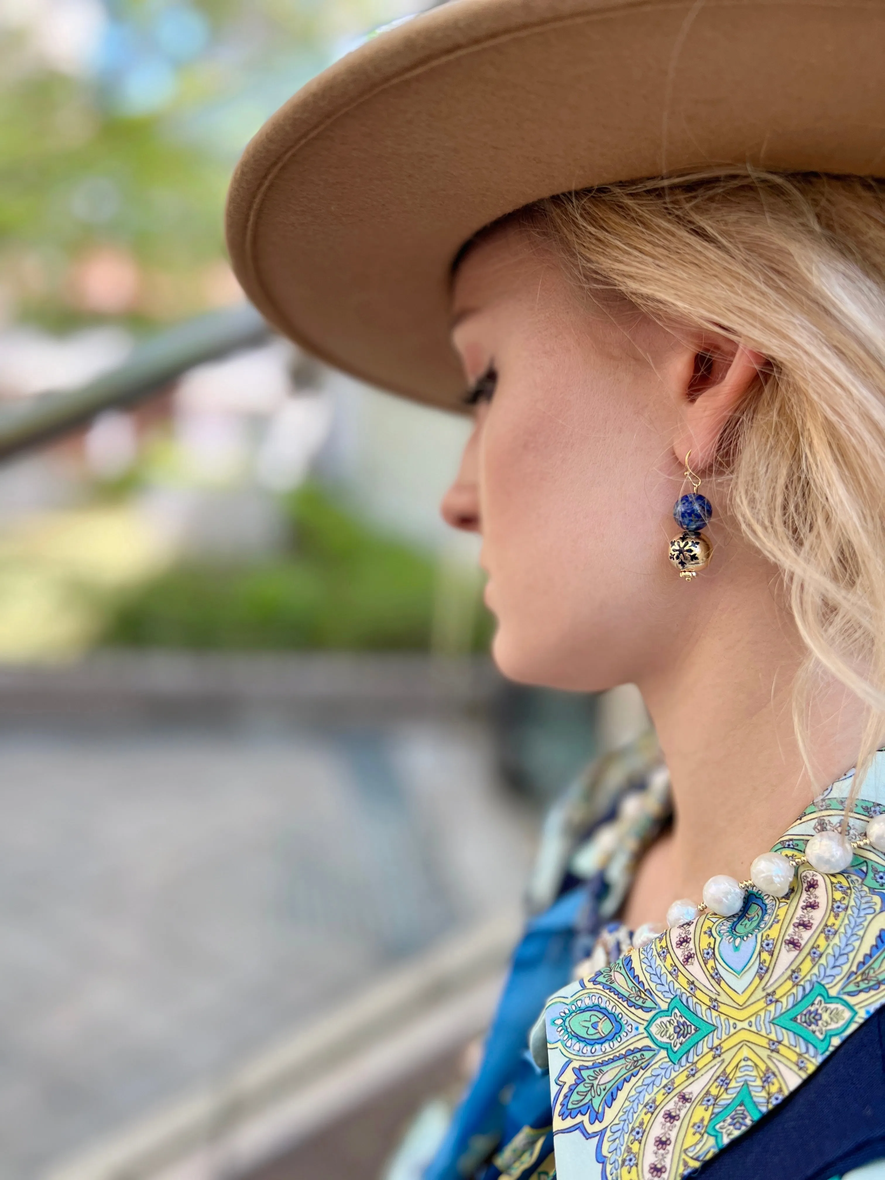 Blue Lapis With Snowflake Dangle Earrings HE002