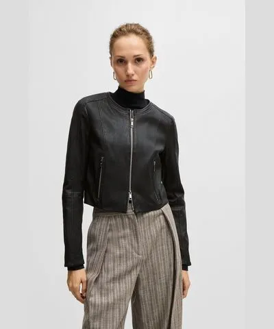 Boss Collarless slim-fit jacket in rich leather