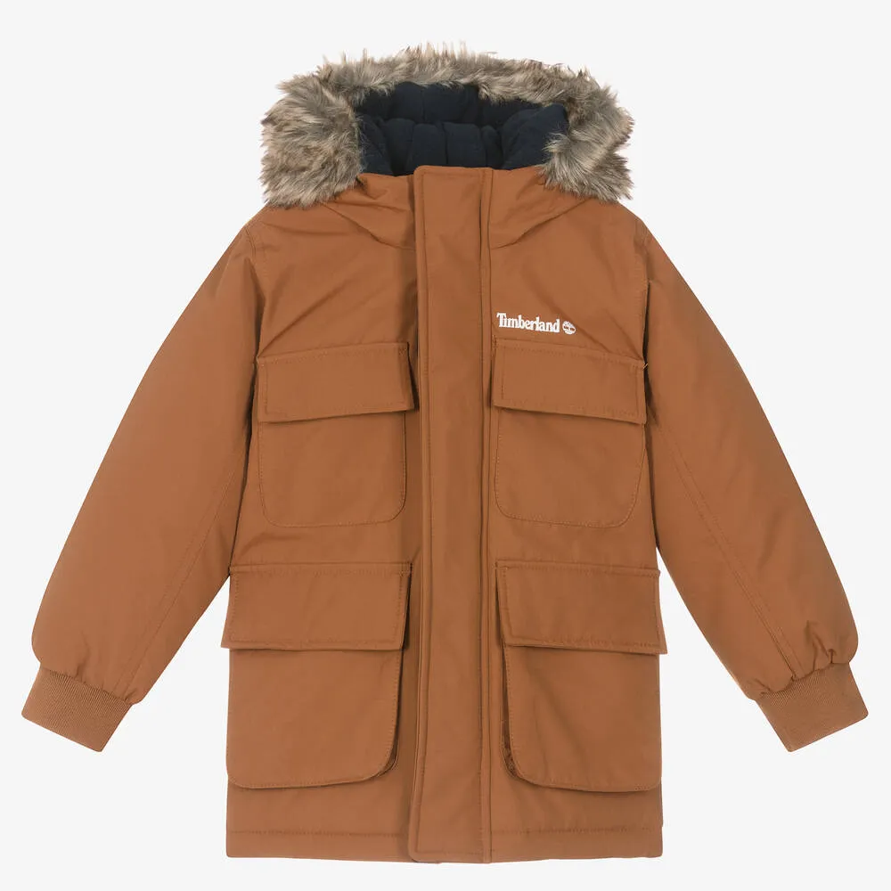 Boys Brown Water-Repellent Parka Coat 