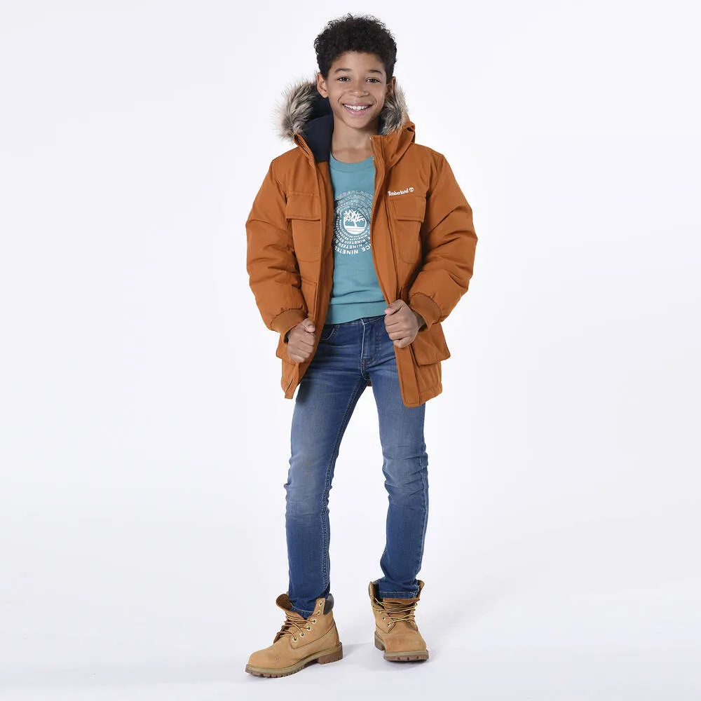 Boys Brown Water-Repellent Parka Coat 