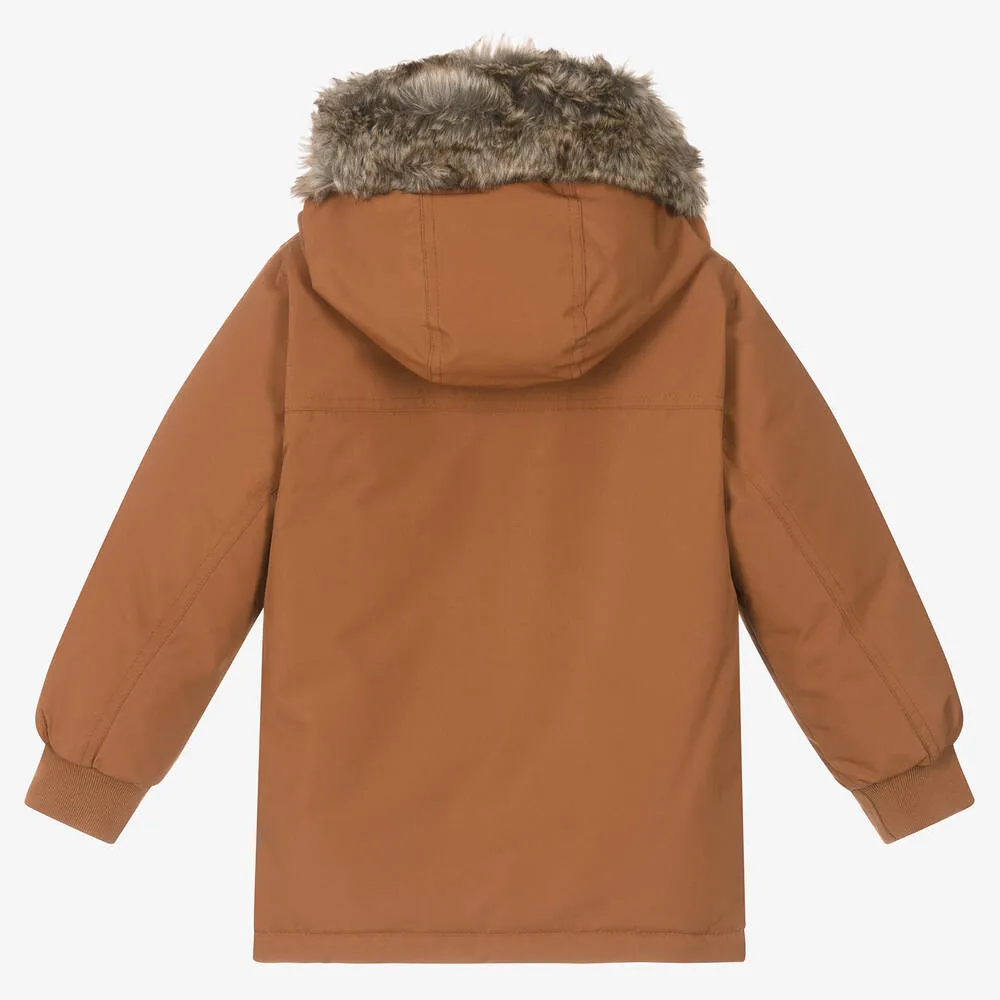 Boys Brown Water-Repellent Parka Coat 