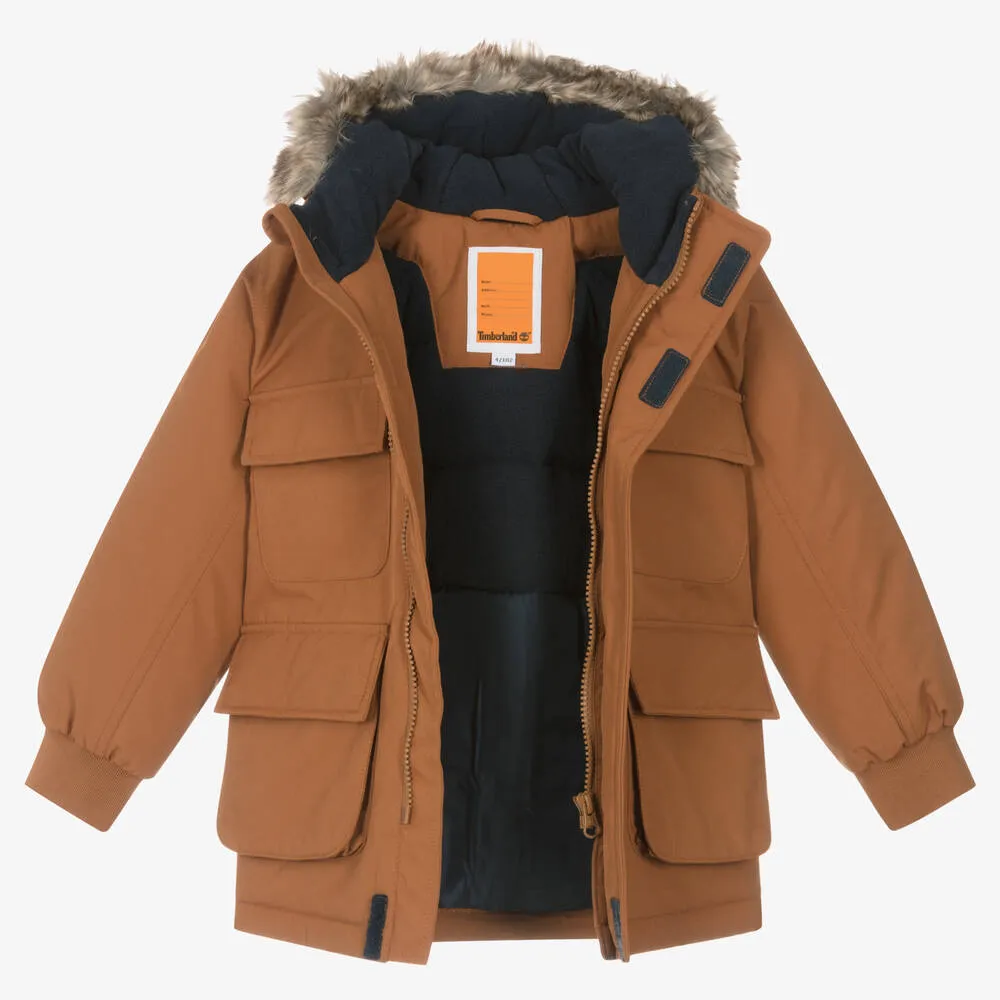 Boys Brown Water-Repellent Parka Coat 