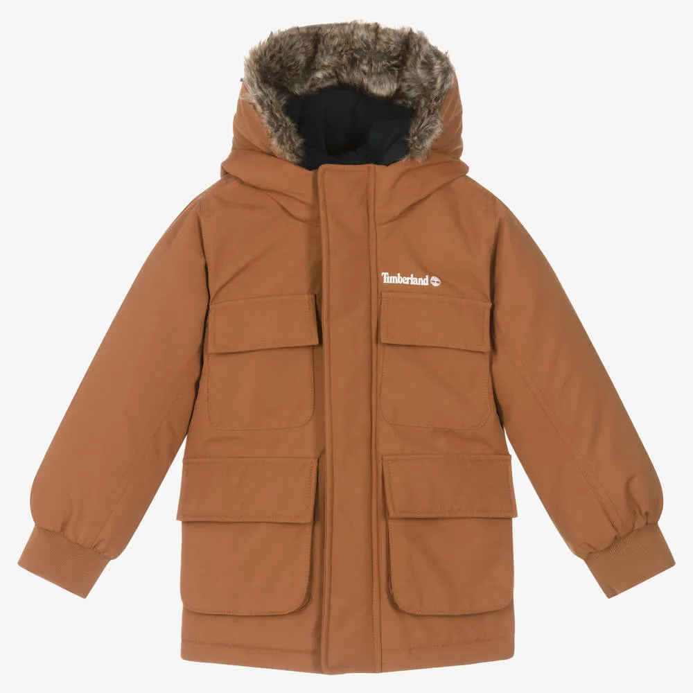 Boys Brown Water-Repellent Parka Coat 