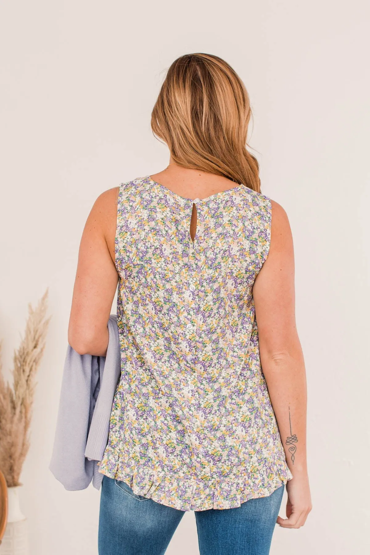 Butterfly Kisses Floral Sleeveless Blouse- Lavender & Yellow