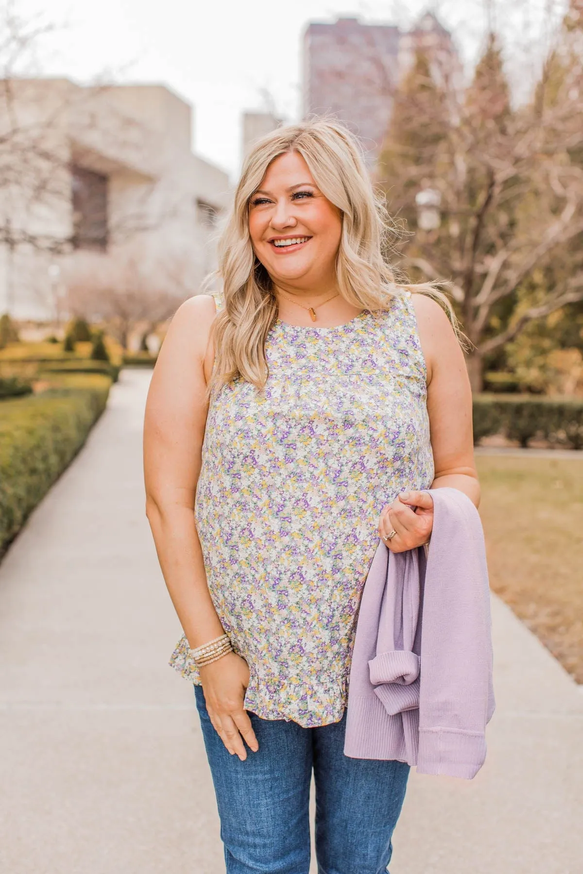 Butterfly Kisses Floral Sleeveless Blouse- Lavender & Yellow