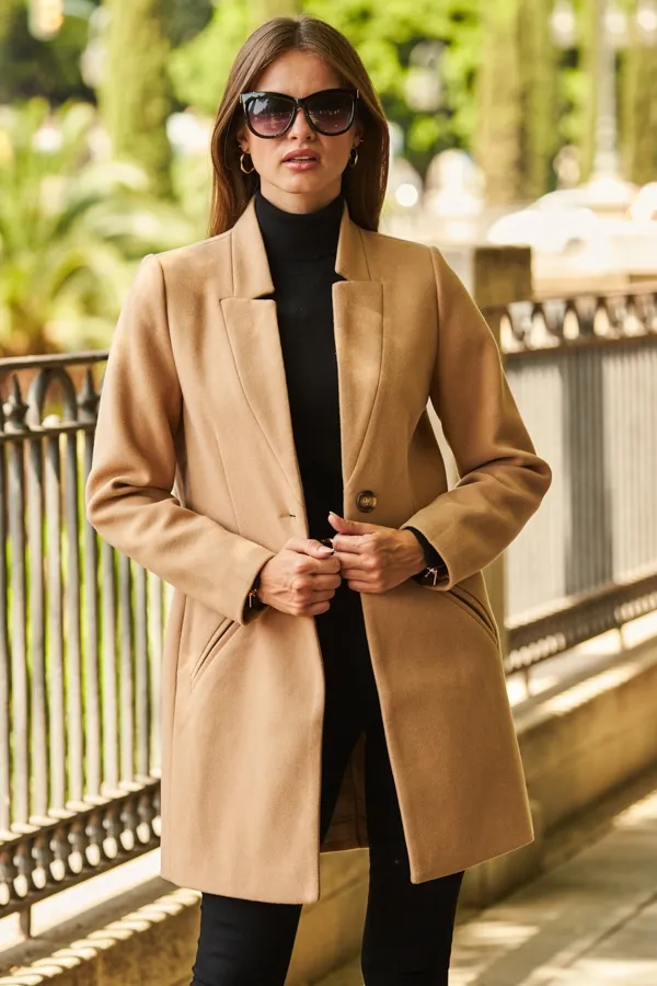 Camel Faux Wool Notch Neck Coat