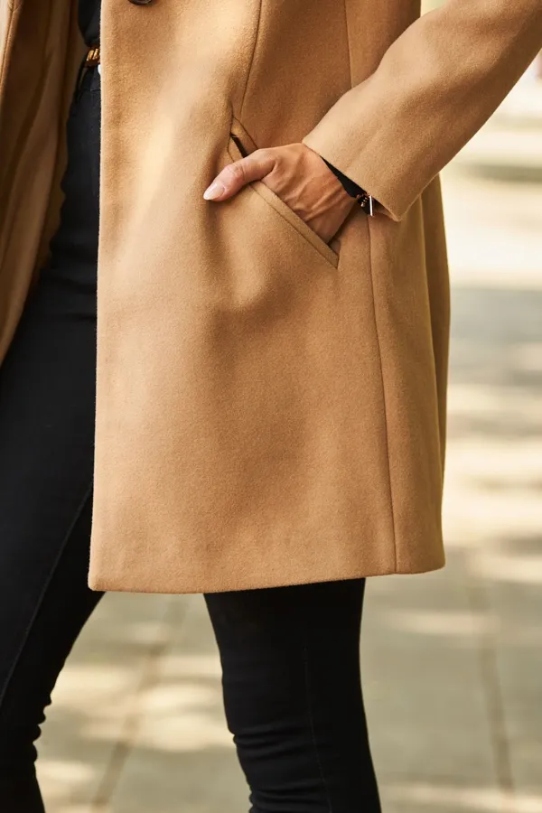 Camel Faux Wool Notch Neck Coat