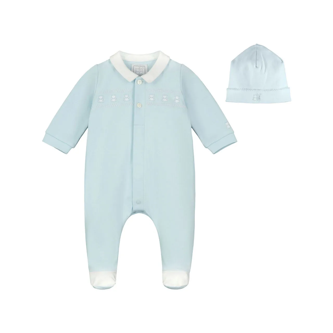 EMILE ET ROSE Fisher Two-Piece Embroidered Babygrow & Hat Set - Blue