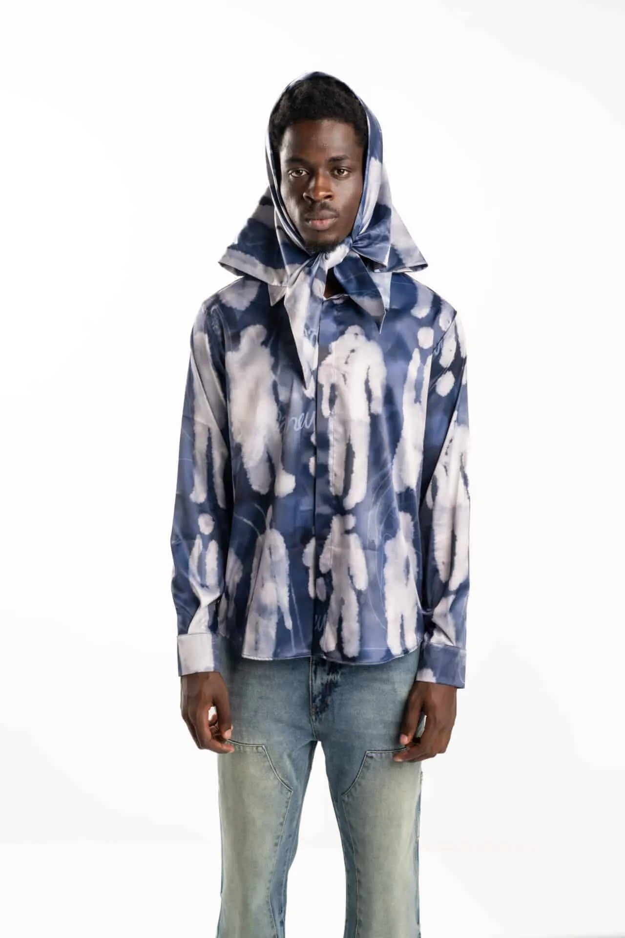 Flaneur Characters Silk Hooded Shirt Blue F13054