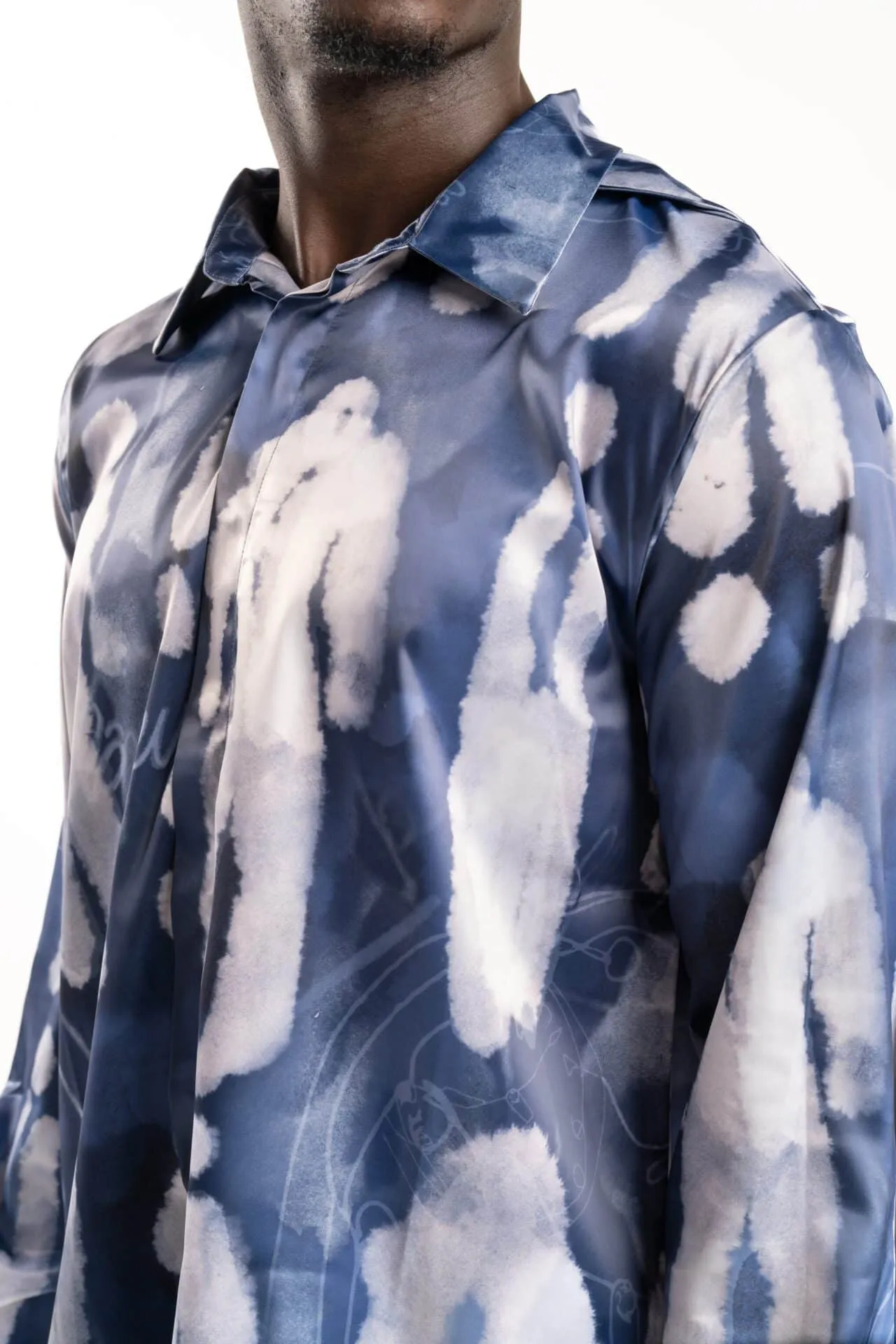 Flaneur Characters Silk Hooded Shirt Blue F13054