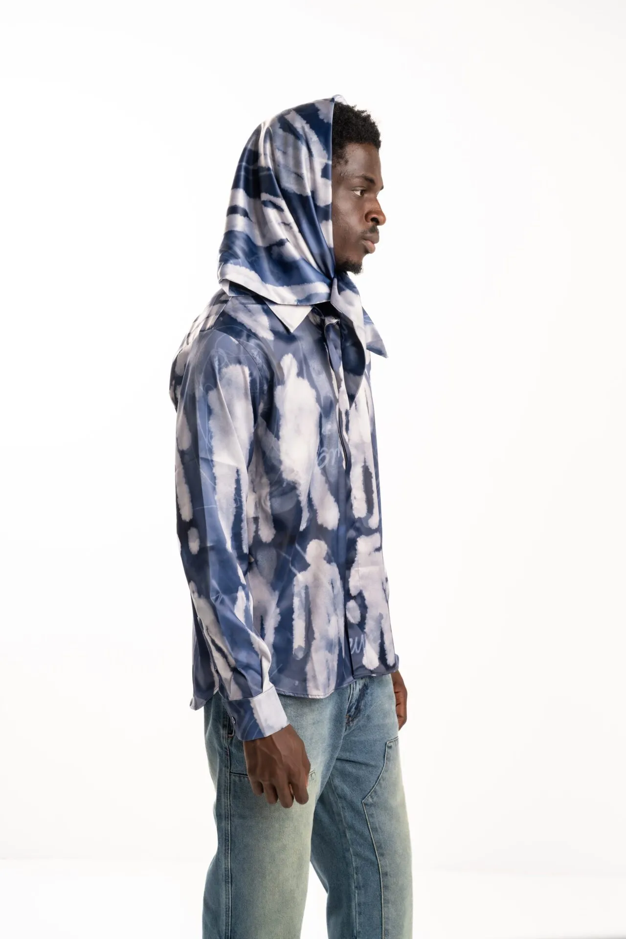 Flaneur Characters Silk Hooded Shirt Blue F13054