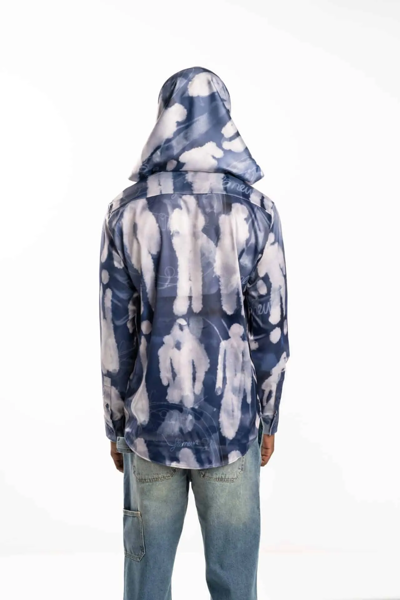 Flaneur Characters Silk Hooded Shirt Blue F13054