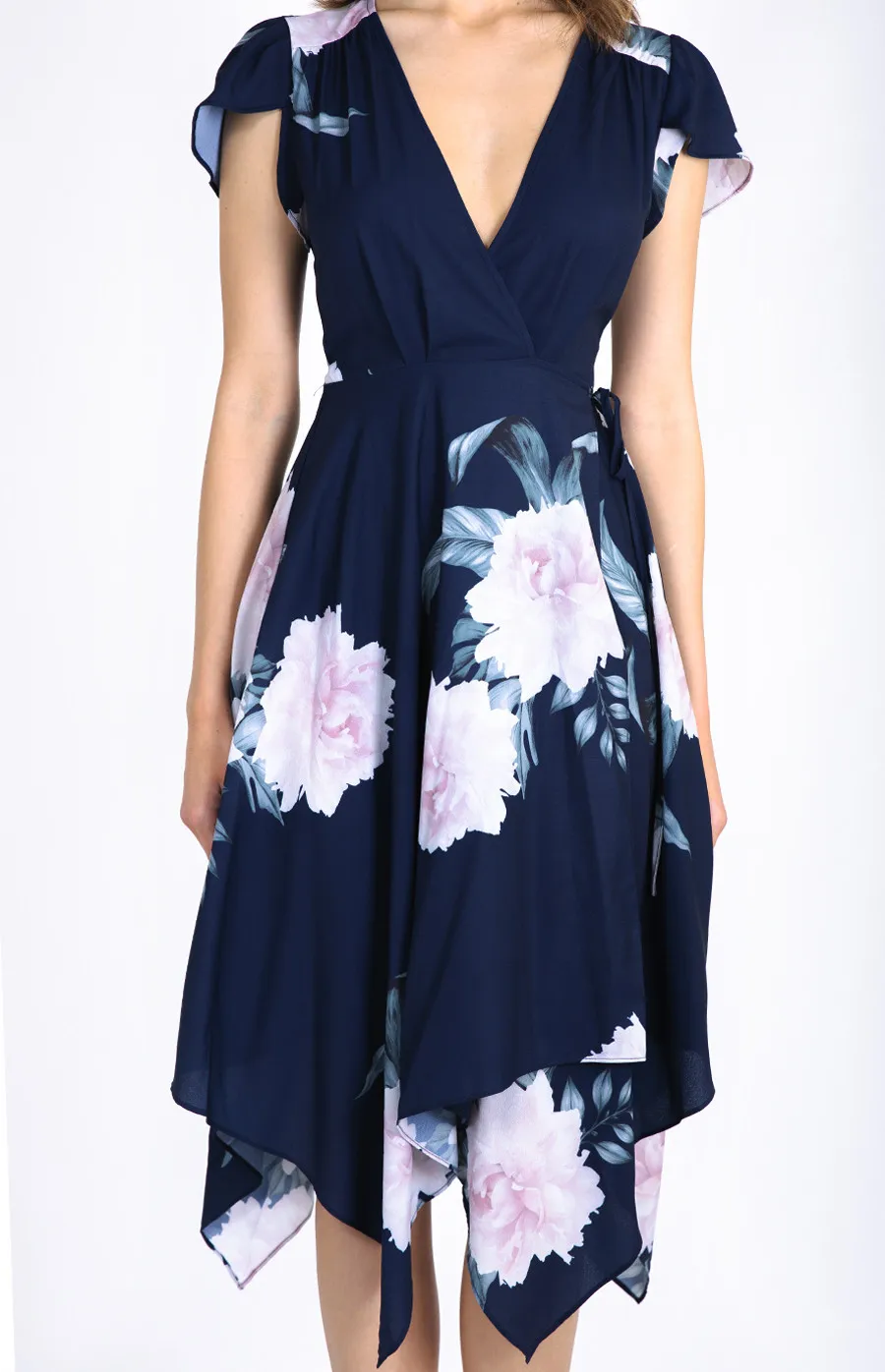 Floral Print Tulip Sleeve Midi Wrap Dress (ADR837B)