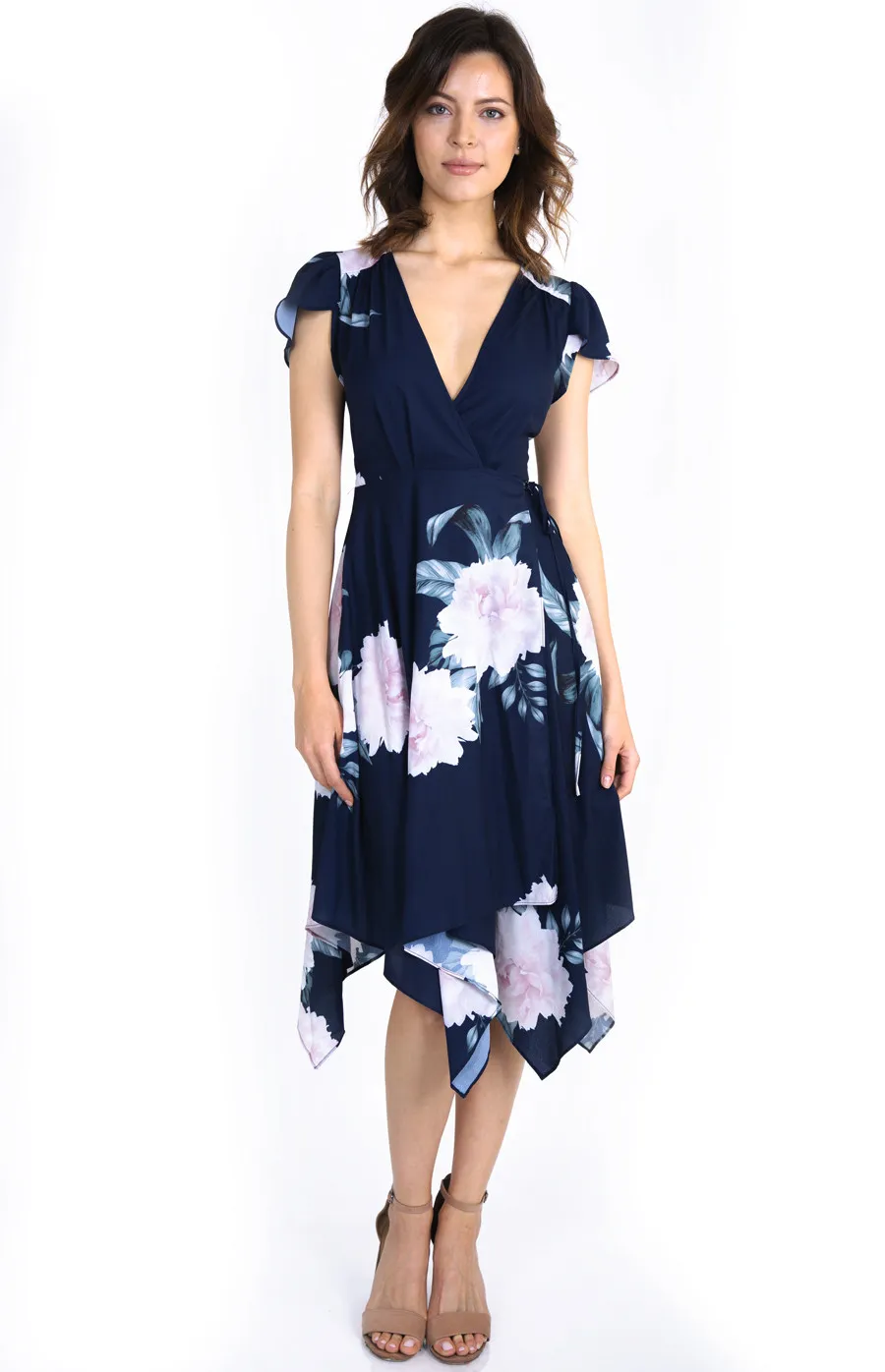 Floral Print Tulip Sleeve Midi Wrap Dress (ADR837B)