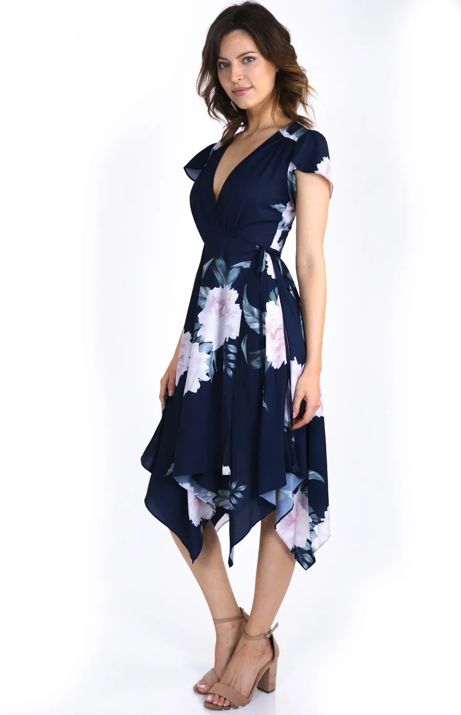 Floral Print Tulip Sleeve Midi Wrap Dress (ADR837B)