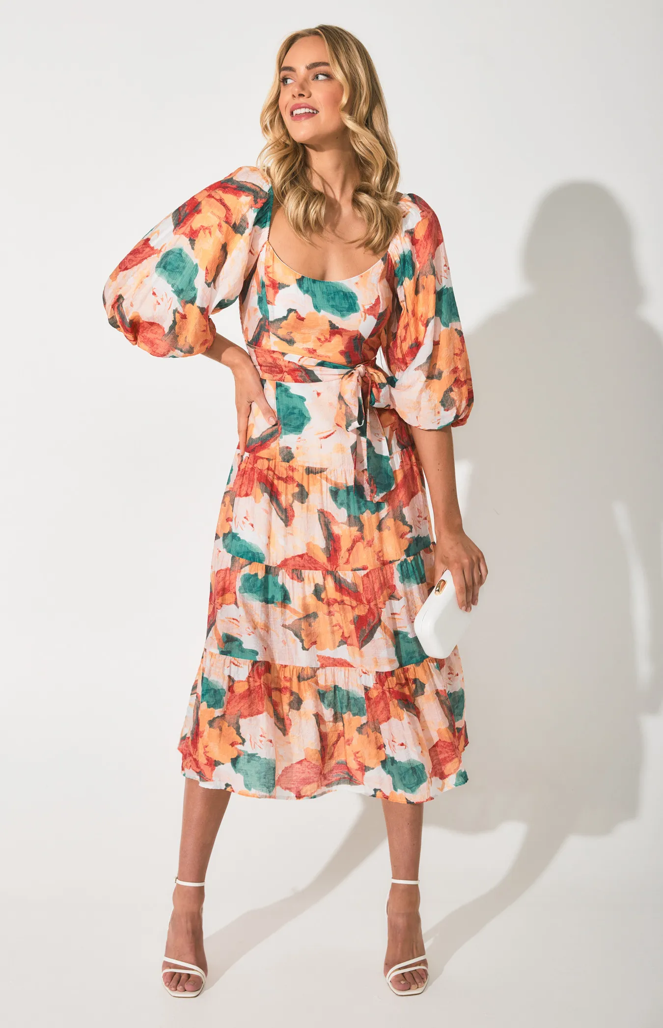 Floral Scoop Neckline Midi Dress with Tiered Hem (SDR1355B)