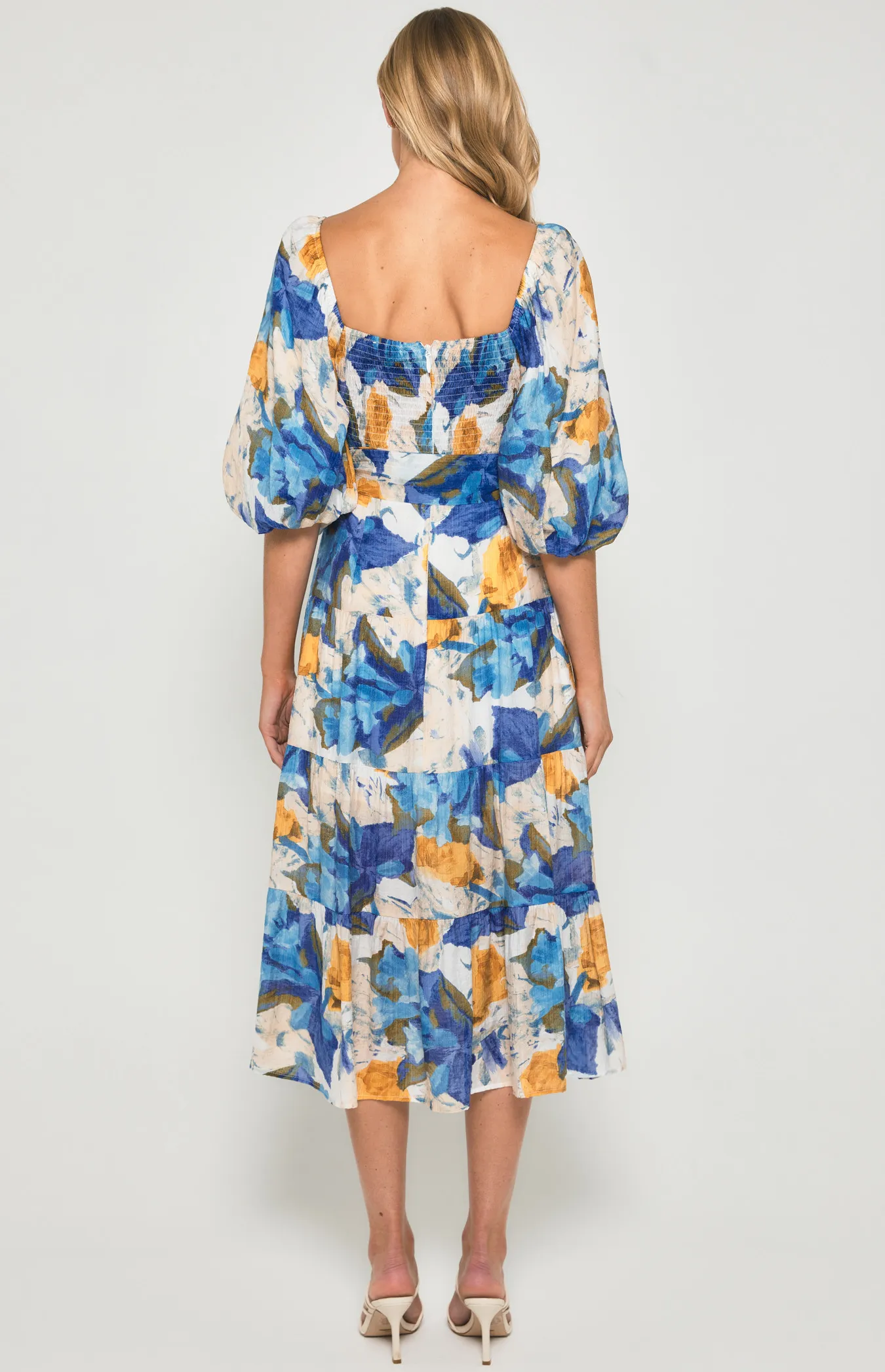 Floral Scoop Neckline Midi Dress with Tiered Hem (SDR1355B)