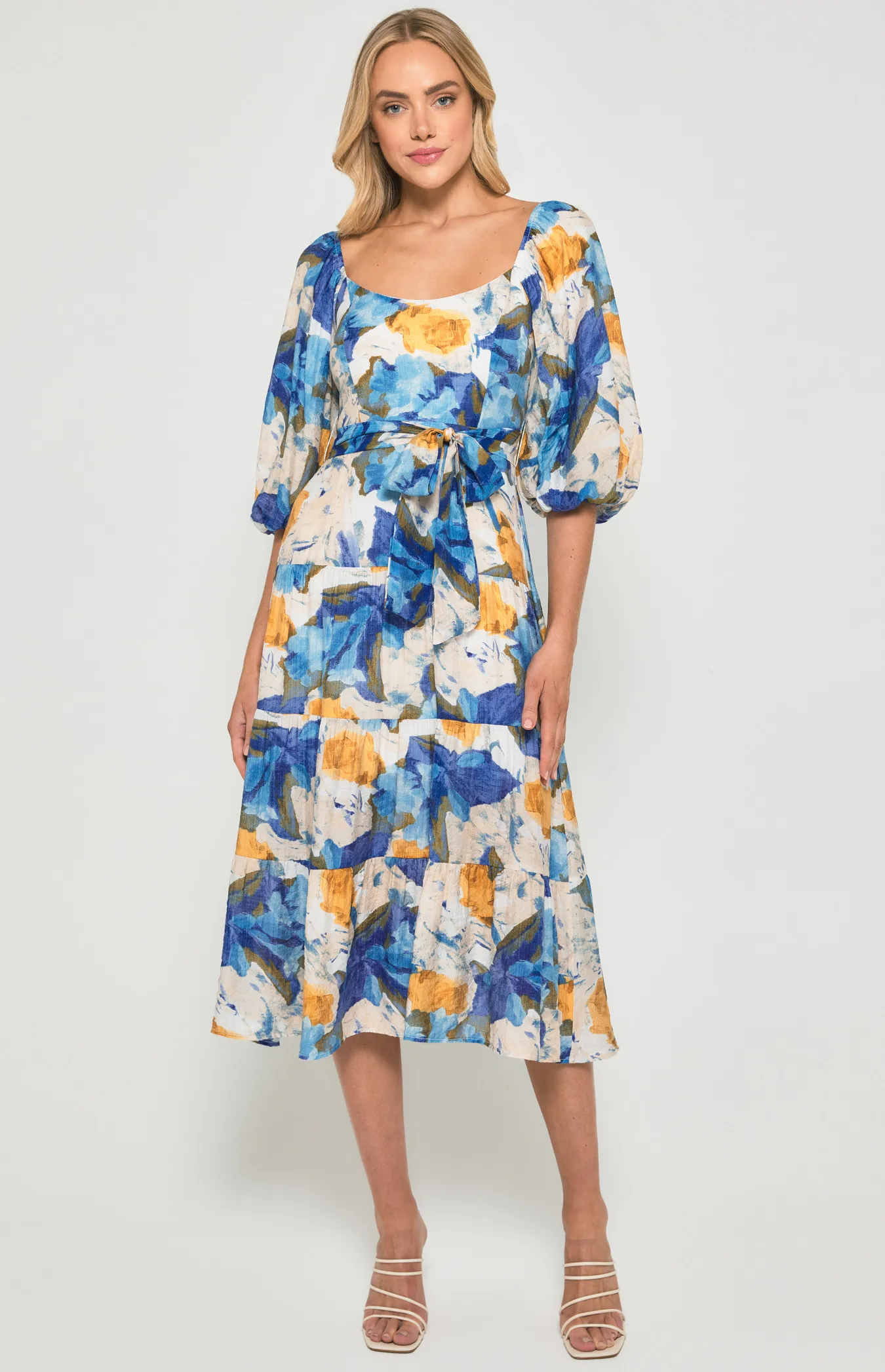 Floral Scoop Neckline Midi Dress with Tiered Hem (SDR1355B)