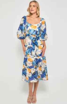 Floral Scoop Neckline Midi Dress with Tiered Hem (SDR1355B)