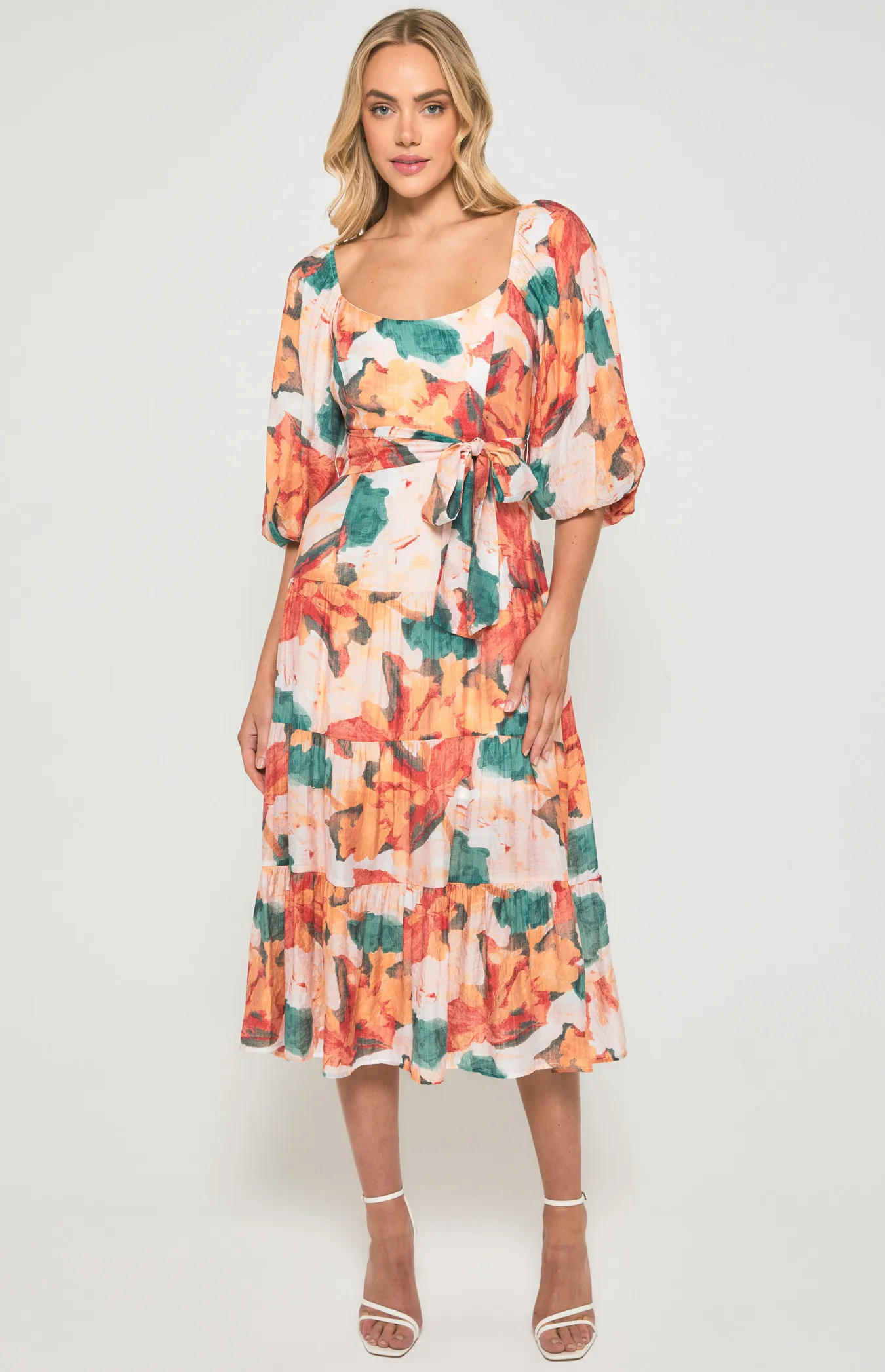 Floral Scoop Neckline Midi Dress with Tiered Hem (SDR1355B)