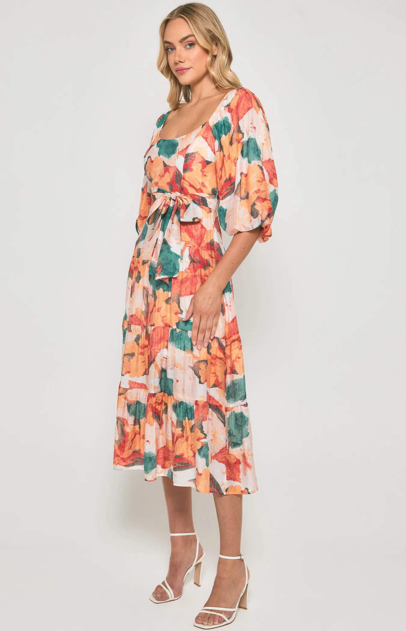 Floral Scoop Neckline Midi Dress with Tiered Hem (SDR1355B)