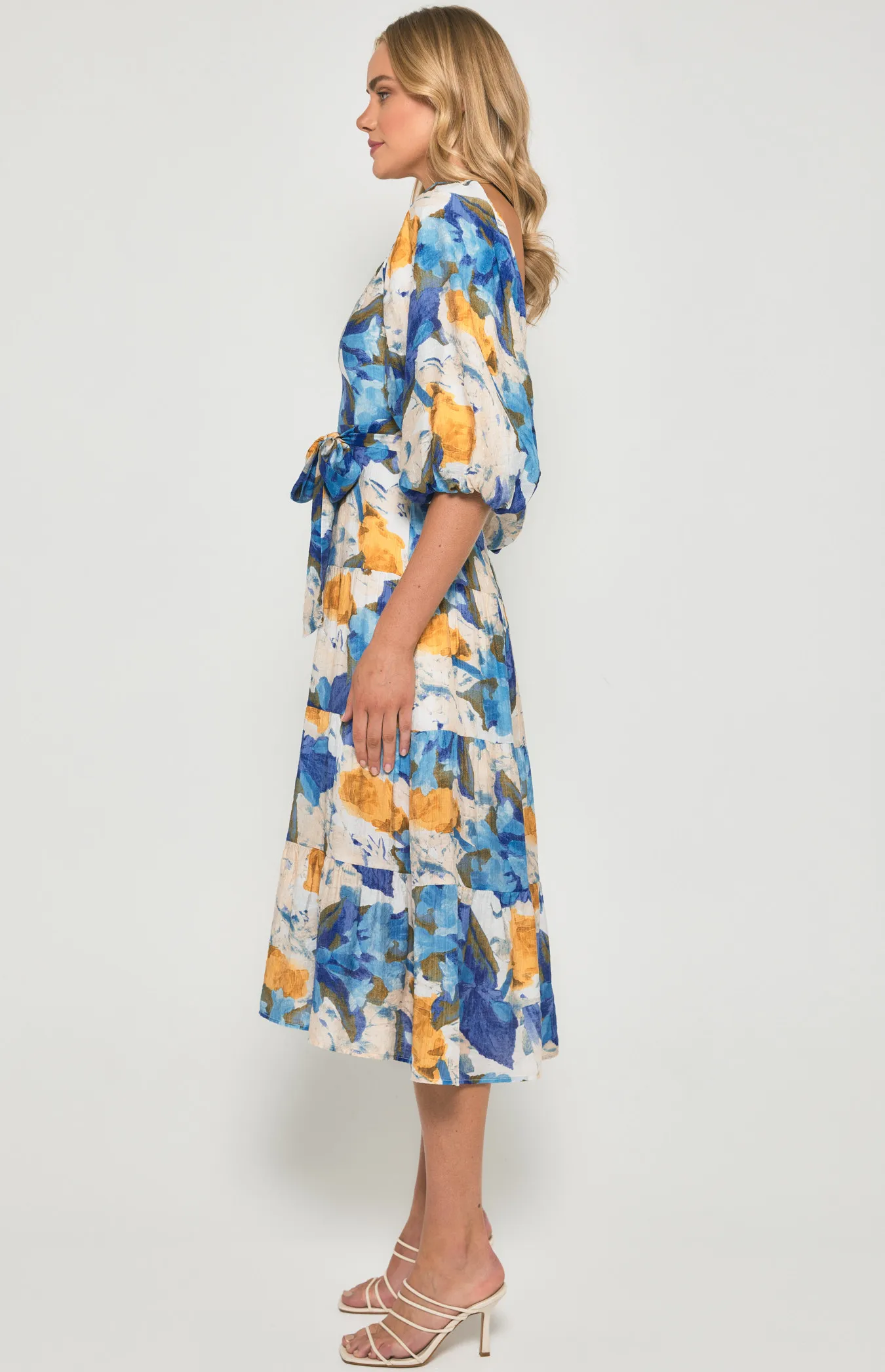 Floral Scoop Neckline Midi Dress with Tiered Hem (SDR1355B)