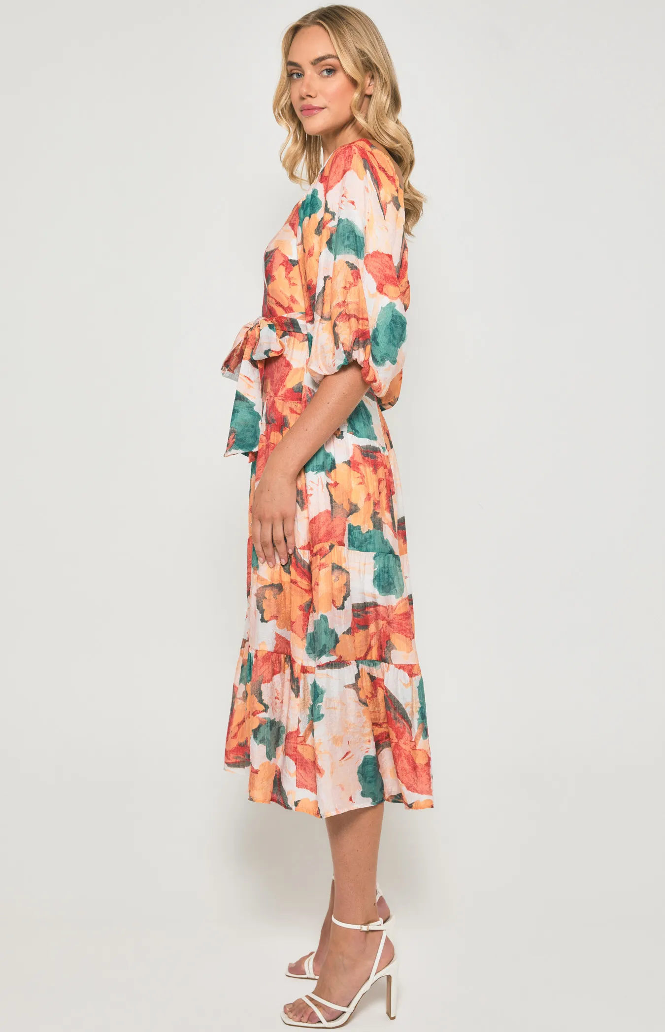 Floral Scoop Neckline Midi Dress with Tiered Hem (SDR1355B)