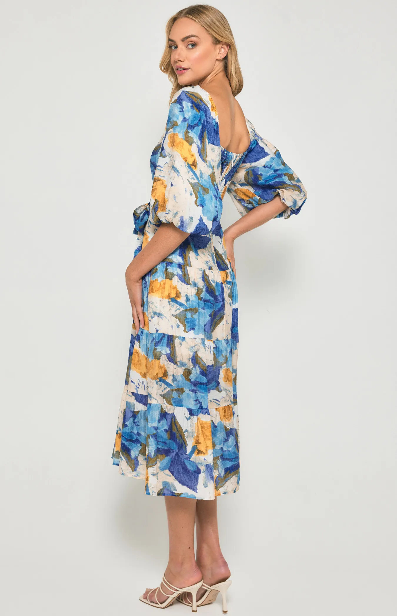 Floral Scoop Neckline Midi Dress with Tiered Hem (SDR1355B)