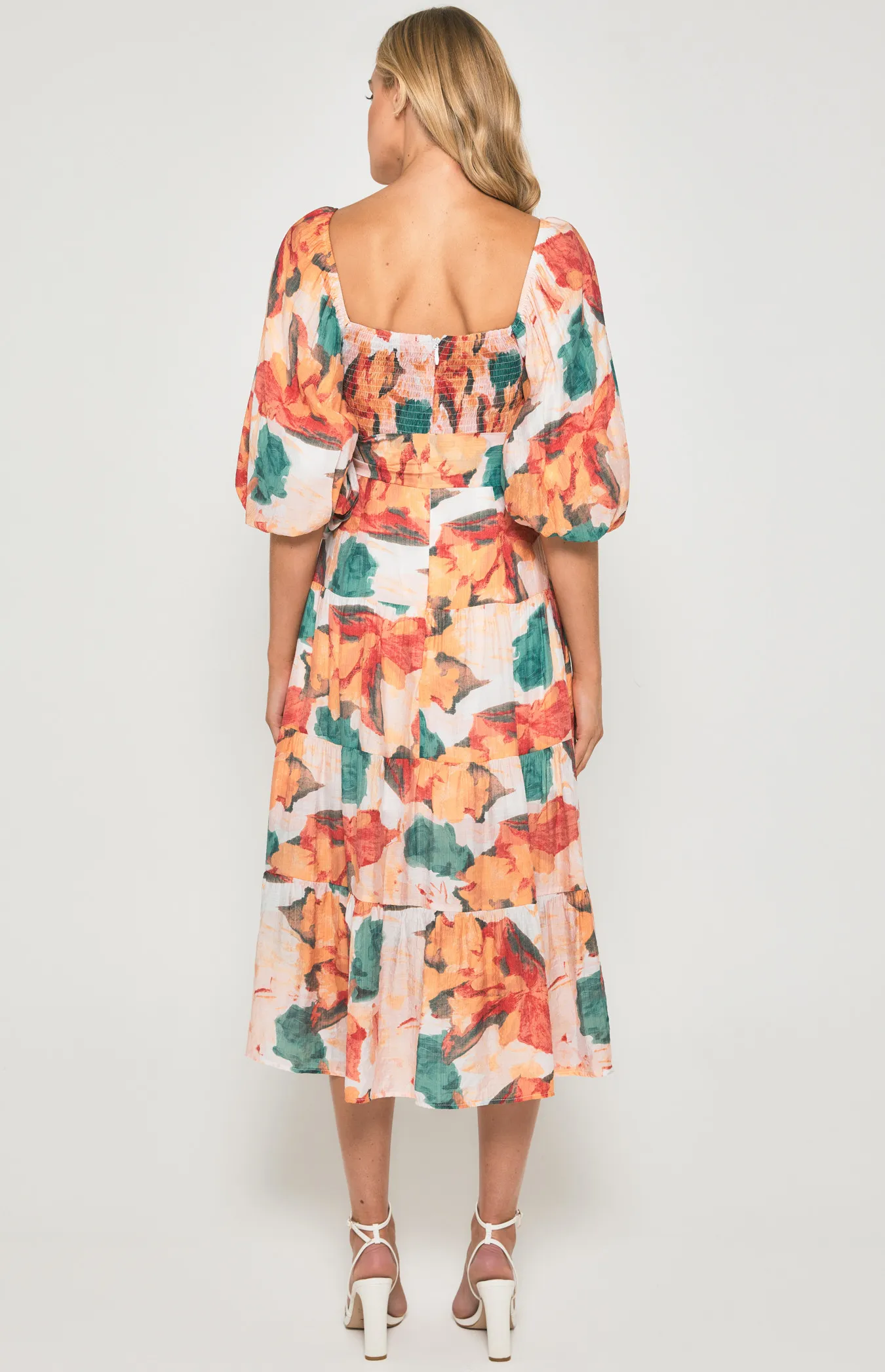 Floral Scoop Neckline Midi Dress with Tiered Hem (SDR1355B)