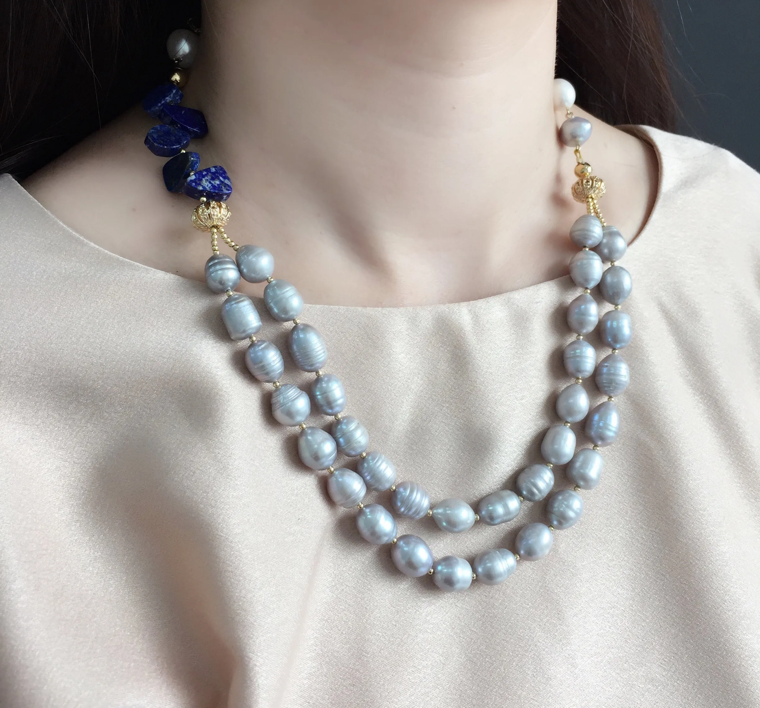 Freshwater pearls with Lapis Double Necklace MN041