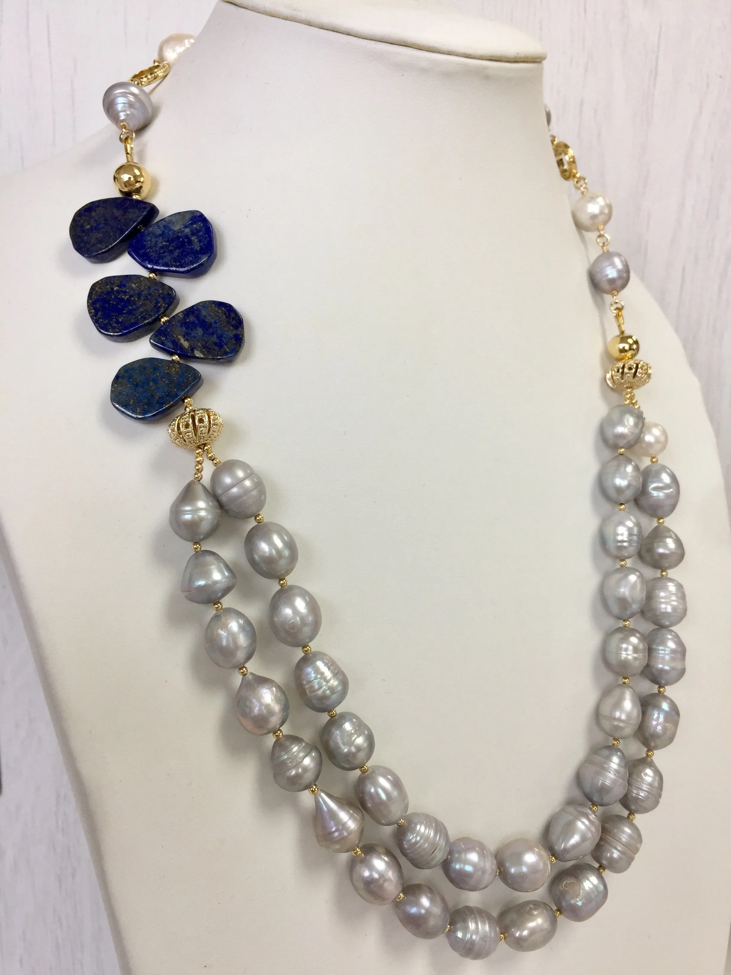 Freshwater pearls with Lapis Double Necklace MN041