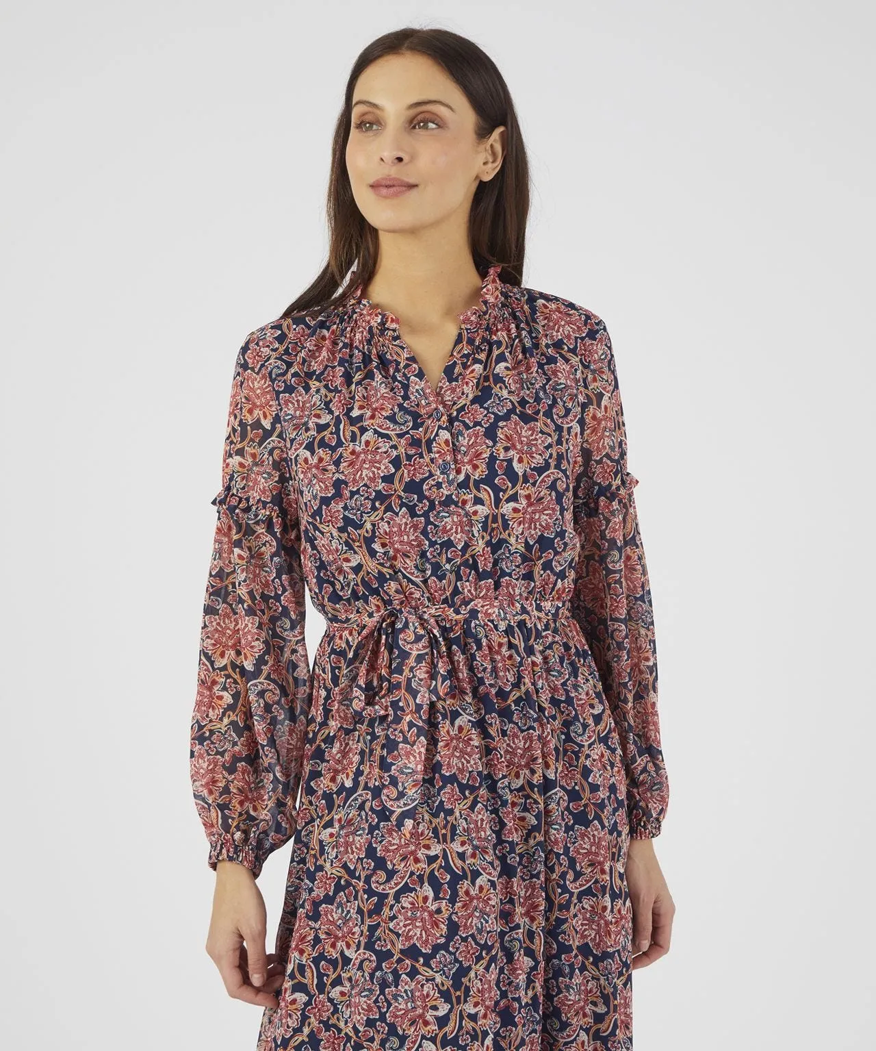 Frill Neck Long Sleeved Print Dress