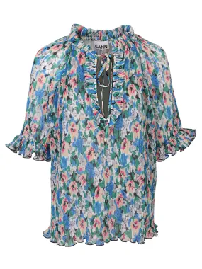 Ganni Floral-Printed Front Tied Blouse