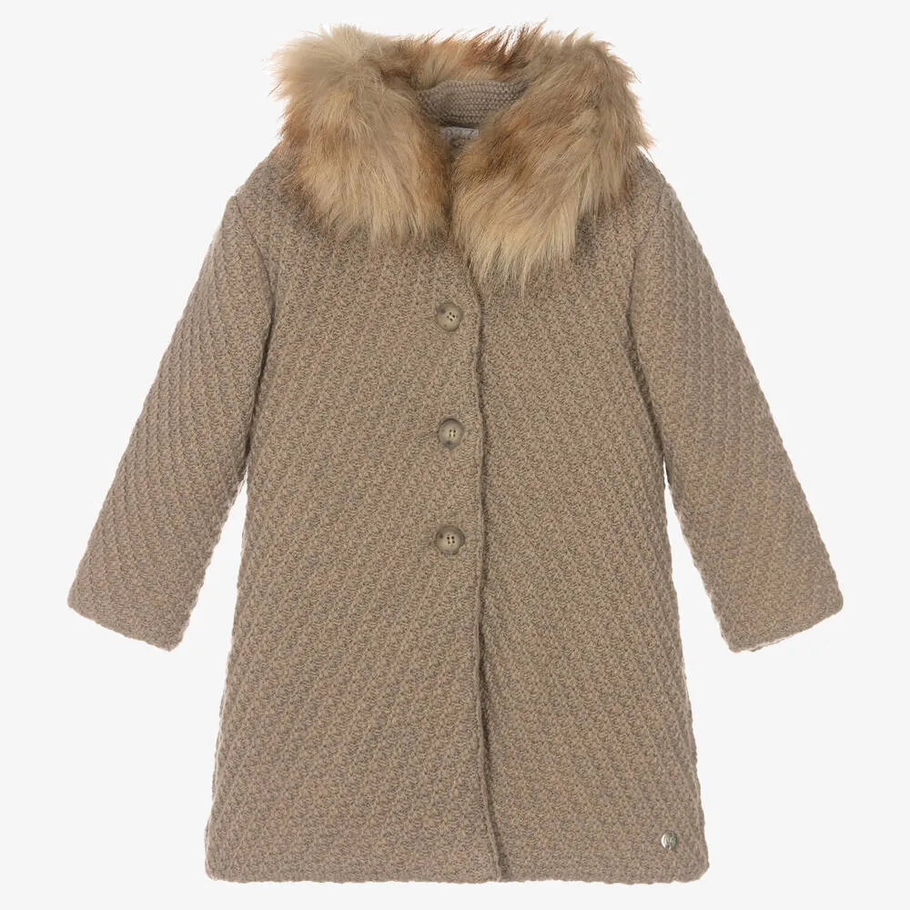 Girls Beige Knitted Wool Coat 