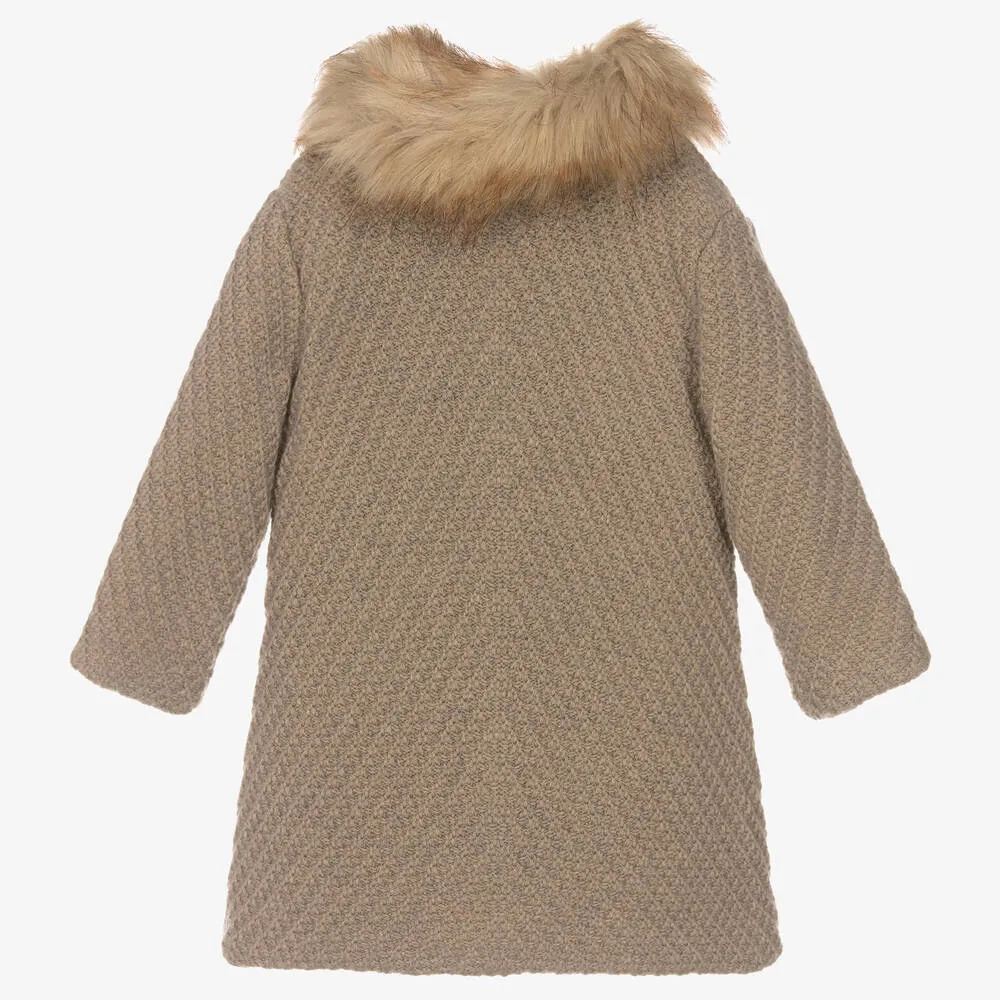 Girls Beige Knitted Wool Coat 