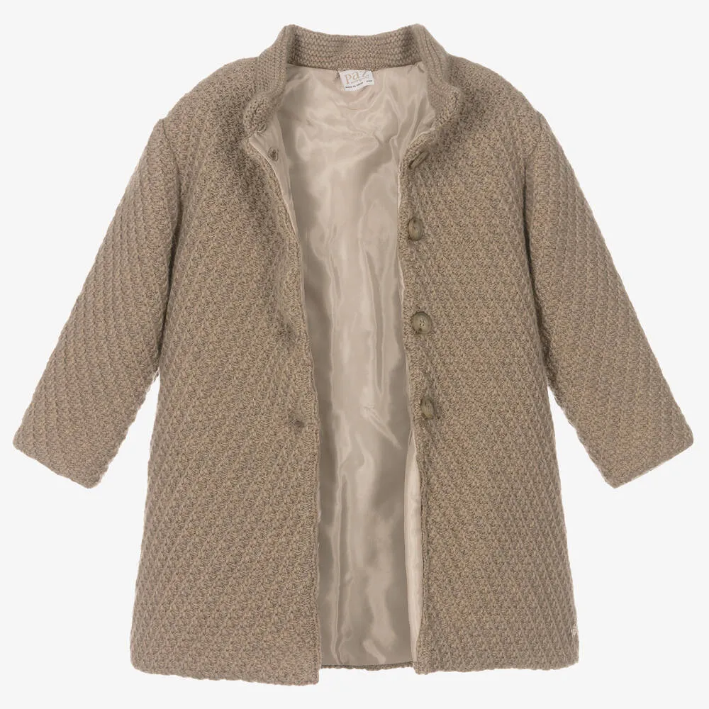 Girls Beige Knitted Wool Coat 