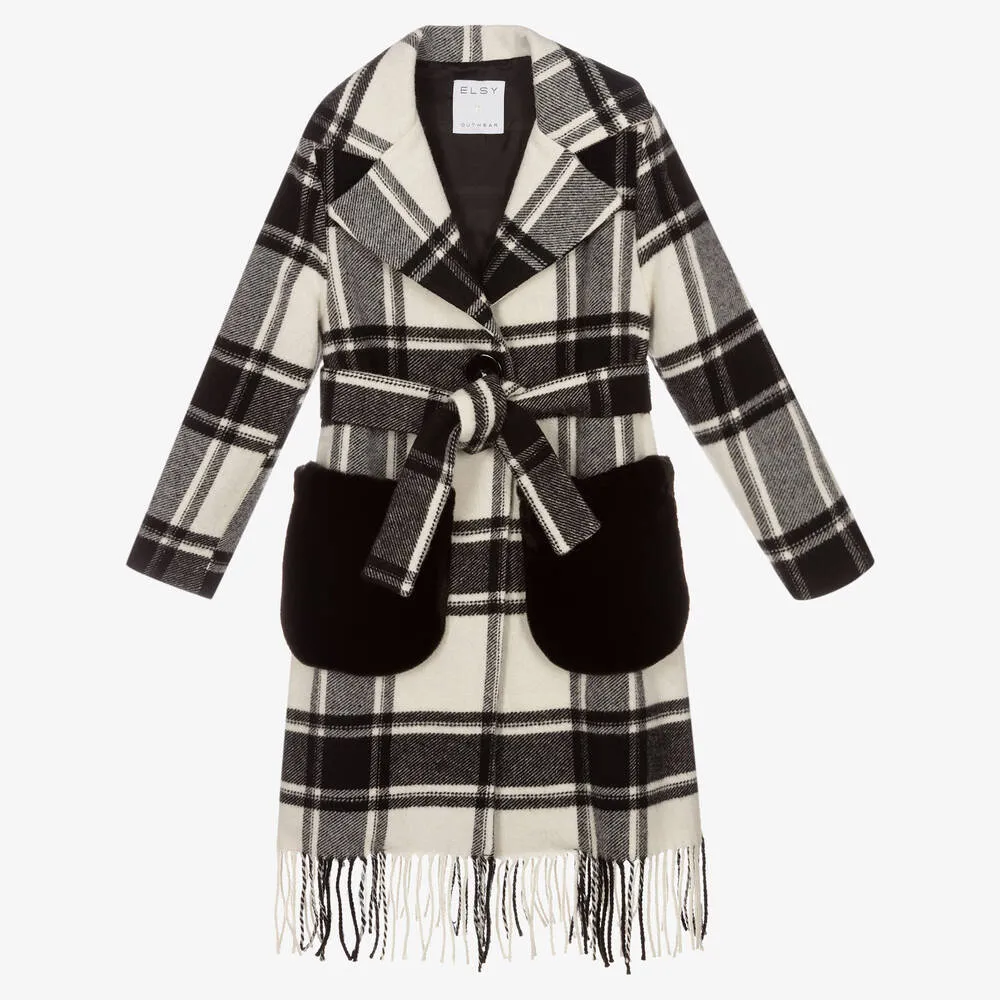 Girls Ivory & Black Check Coat