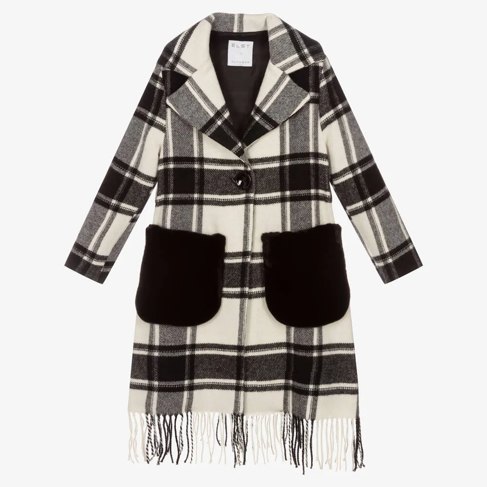 Girls Ivory & Black Check Coat