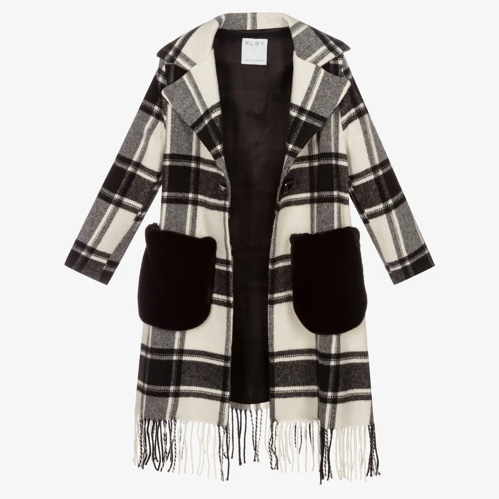 Girls Ivory & Black Check Coat