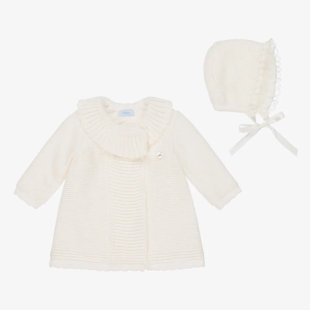 Girls Ivory Knitted Coat & Hat