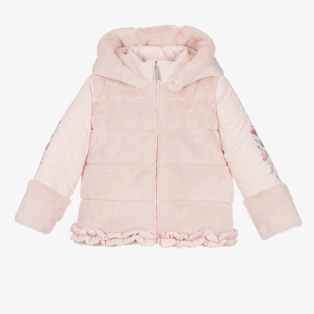 Girls Pink Faux Fur Hooded Coat