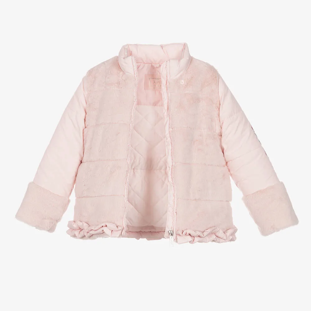 Girls Pink Faux Fur Hooded Coat